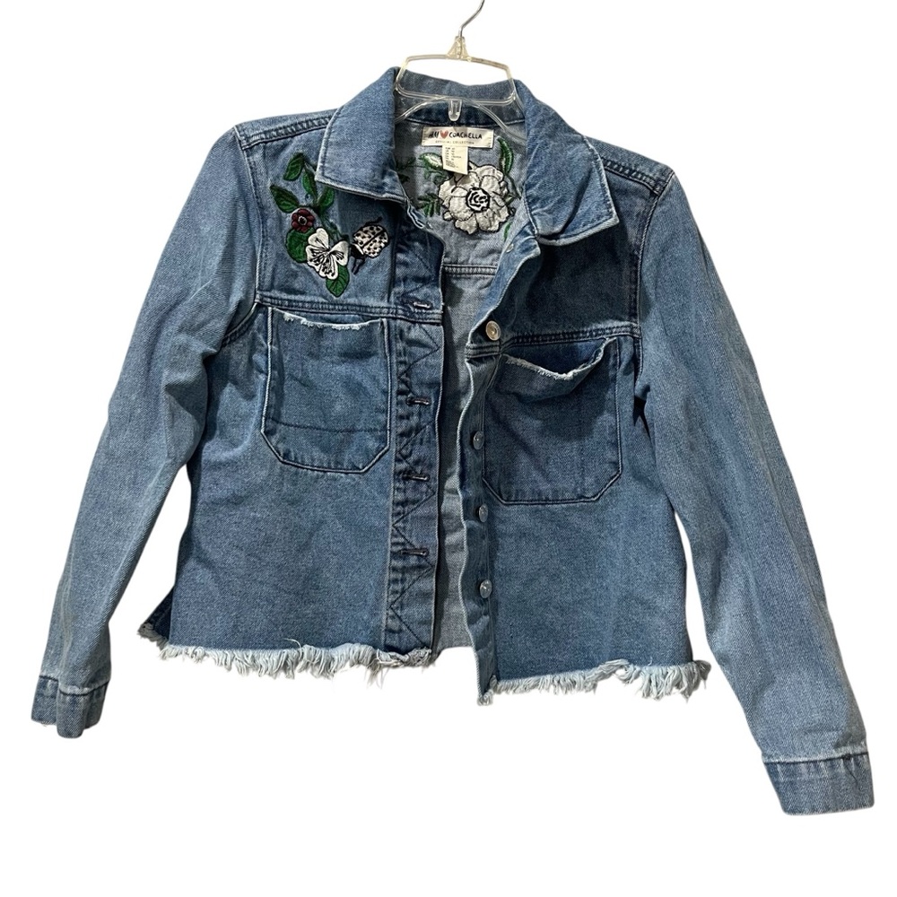 H&M Love Coachella Denim Jacket Womens 10 Blue Raw Hem Flower Embroidered Casual